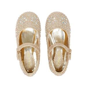 Glittery Gold Kids Dress Shoes with Floral Accents